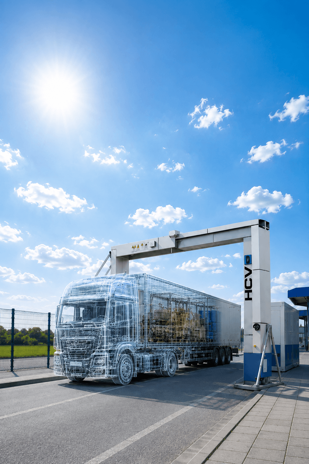 A cargo truck passing through an HCVP drive-through X-ray inspection portal, shown in scanned wireframe view